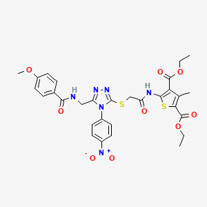 molecular formula C30H30N6O9S2 B2629978 diethyl 5-(2-((5-((4-methoxybenzamido)methyl)-4-(4-nitrophenyl)-4H-1,2,4-triazol-3-yl)thio)acetamido)-3-methylthiophene-2,4-dicarboxylate CAS No. 393847-87-5