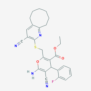 molecular formula C28H27FN4O3S B2630001 ethyl 6-amino-5-cyano-2-{[(3-cyano-5,6,7,8,9,10-hexahydrocycloocta[b]pyridin-2-yl)sulfanyl]methyl}-4-(2-fluorophenyl)-4H-pyran-3-carboxylate CAS No. 296798-02-2