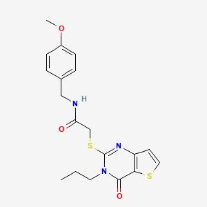 molecular formula C19H21N3O3S2 B2630019 N-[(4-methoxyphenyl)methyl]-2-({4-oxo-3-propyl-3H,4H-thieno[3,2-d]pyrimidin-2-yl}sulfanyl)acetamide CAS No. 1252913-06-6