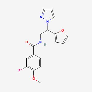 molecular formula C17H16FN3O3 B2630048 3-fluoro-N-(2-(furan-2-yl)-2-(1H-pyrazol-1-yl)ethyl)-4-methoxybenzamide CAS No. 2034544-77-7