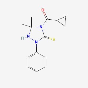 molecular formula C14H17N3OS B2630130 4-Cyclopropanecarbonyl-5,5-dimethyl-2-phenyl-1,2,4-triazolidine-3-thione CAS No. 1803592-81-5