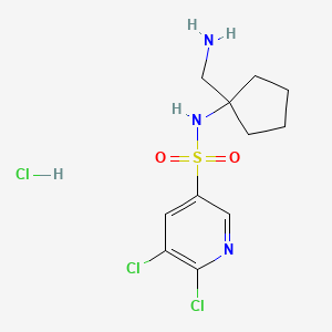 molecular formula C11H16Cl3N3O2S B2630139 N-[1-(Aminomethyl)cyclopentyl]-5,6-dichloropyridine-3-sulfonamide;hydrochloride CAS No. 1465357-29-2