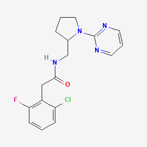 molecular formula C17H18ClFN4O B2630150 2-(2-氯-6-氟苯基)-N-{[1-(嘧啶-2-基)吡咯啉-2-基]甲基}乙酰胺 CAS No. 2097859-67-9