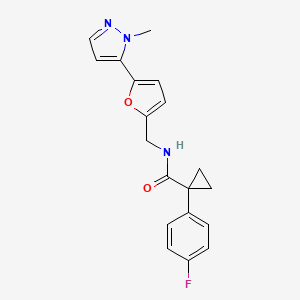 molecular formula C19H18FN3O2 B2630152 1-(4-Fluorophenyl)-N-[[5-(2-methylpyrazol-3-yl)furan-2-yl]methyl]cyclopropane-1-carboxamide CAS No. 2415502-98-4