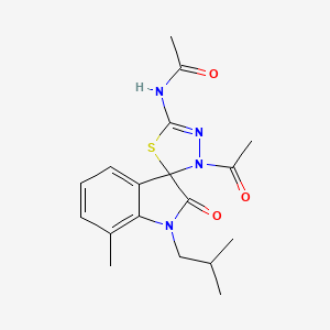 molecular formula C18H22N4O3S B2630153 N-[3-acetyl-12-methyl-6-(2-methylpropyl)-7-oxospiro[1,3,4-thiadiazoline-2,3'-i ndoline]-5-yl]acetamide CAS No. 905775-07-7