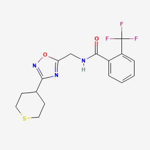 molecular formula C16H16F3N3O2S B2630187 N-{[3-(thian-4-yl)-1,2,4-oxadiazol-5-yl]methyl}-2-(trifluoromethyl)benzamide CAS No. 2034519-34-9