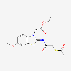 molecular formula C16H18N2O5S2 B2630193 Ethyl 2-[2-(2-acetylsulfanylacetyl)imino-6-methoxy-1,3-benzothiazol-3-yl]acetate CAS No. 1164503-63-2