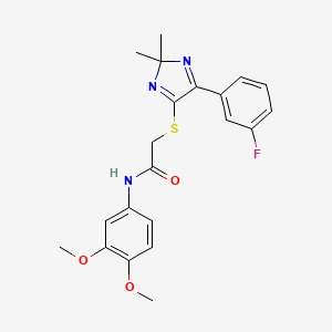 molecular formula C21H22FN3O3S B2630298 N-(3,4-dimethoxyphenyl)-2-{[5-(3-fluorophenyl)-2,2-dimethyl-2H-imidazol-4-yl]sulfanyl}acetamide CAS No. 899905-25-0