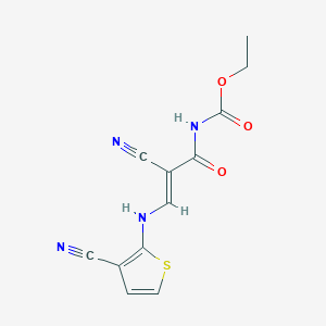 molecular formula C12H10N4O3S B2630311 ethyl N-[(2E)-2-cyano-2-{[(3-cyanothiophen-2-yl)amino]methylidene}acetyl]carbamate CAS No. 338777-39-2