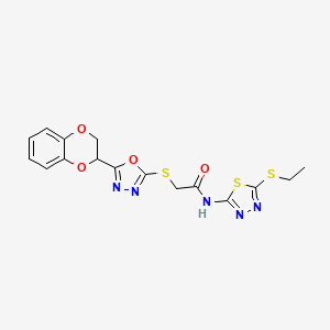 molecular formula C16H15N5O4S3 B2630338 2-((5-(2,3-dihydrobenzo[b][1,4]dioxin-2-yl)-1,3,4-oxadiazol-2-yl)thio)-N-(5-(ethylthio)-1,3,4-thiadiazol-2-yl)acetamide CAS No. 1171323-42-4