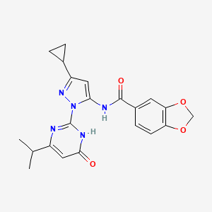 molecular formula C21H21N5O4 B2630360 N-(3-cyclopropyl-1-(4-isopropyl-6-oxo-1,6-dihydropyrimidin-2-yl)-1H-pyrazol-5-yl)benzo[d][1,3]dioxole-5-carboxamide CAS No. 1207056-89-0
