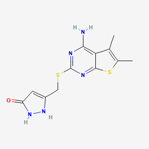 molecular formula C12H13N5OS2 B2630379 3-(((4-amino-5,6-dimethylthieno[2,3-d]pyrimidin-2-yl)thio)methyl)-1H-pyrazol-5-ol CAS No. 385421-11-4