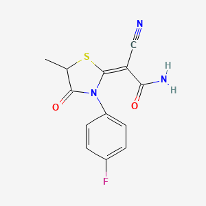 molecular formula C13H10FN3O2S B2630579 (E)-2-cyano-2-(3-(4-fluorophenyl)-5-methyl-4-oxothiazolidin-2-ylidene)acetamide CAS No. 1164547-40-3