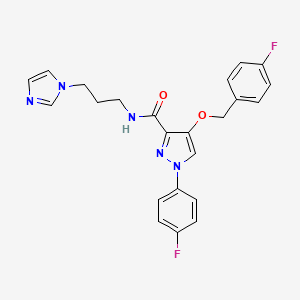 molecular formula C23H21F2N5O2 B2630606 1-(4-fluorophenyl)-4-[(4-fluorophenyl)methoxy]-N-[3-(1H-imidazol-1-yl)propyl]-1H-pyrazole-3-carboxamide CAS No. 1172884-21-7