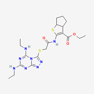 molecular formula C20H28N8O3S2 B2630714 ethyl 2-(2-{[5,7-bis(ethylamino)-[1,2,4]triazolo[4,3-a][1,3,5]triazin-3-yl]sulfanyl}acetamido)-3aH,4H,5H,6H,6aH-cyclopenta[b]thiophene-3-carboxylate CAS No. 898449-38-2