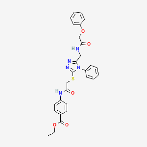 molecular formula C28H27N5O5S B2630741 ethyl 4-[2-({5-[(2-phenoxyacetamido)methyl]-4-phenyl-4H-1,2,4-triazol-3-yl}sulfanyl)acetamido]benzoate CAS No. 394214-49-4