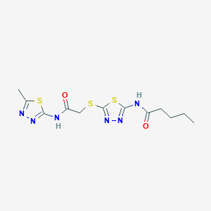 molecular formula C12H16N6O2S3 B2630773 N-(5-((2-((5-methyl-1,3,4-thiadiazol-2-yl)amino)-2-oxoethyl)thio)-1,3,4-thiadiazol-2-yl)pentanamide CAS No. 392318-84-2