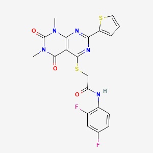 molecular formula C20H15F2N5O3S2 B2630891 N-(2,4-difluorophenyl)-2-((6,8-dimethyl-5,7-dioxo-2-(thiophen-2-yl)-5,6,7,8-tetrahydropyrimido[4,5-d]pyrimidin-4-yl)thio)acetamide CAS No. 847191-72-4