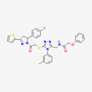 molecular formula C33H29FN6O3S2 B2630941 N-{[5-({2-[5-(4-fluorophenyl)-3-(thiophen-2-yl)-4,5-dihydro-1H-pyrazol-1-yl]-2-oxoethyl}sulfanyl)-4-(3-methylphenyl)-4H-1,2,4-triazol-3-yl]methyl}-2-phenoxyacetamide CAS No. 393585-44-9