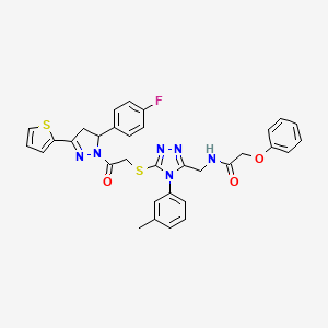 molecular formula C33H29FN6O3S2 B2630941 N-[[5-[2-[3-(4-fluorophenyl)-5-thiophen-2-yl-3,4-dihydropyrazol-2-yl]-2-oxoethyl]sulfanyl-4-(3-methylphenyl)-1,2,4-triazol-3-yl]methyl]-2-phenoxyacetamide CAS No. 393585-44-9