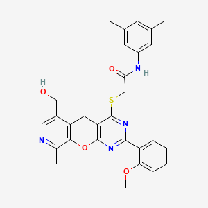 molecular formula C29H28N4O4S B2630985 N-(3,5-dimethylphenyl)-2-[[11-(hydroxymethyl)-5-(2-methoxyphenyl)-14-methyl-2-oxa-4,6,13-triazatricyclo[8.4.0.03,8]tetradeca-1(10),3(8),4,6,11,13-hexaen-7-yl]sulfanyl]acetamide CAS No. 892380-04-0