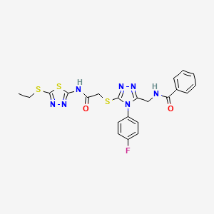 molecular formula C22H20FN7O2S3 B2631012 N-({5-[({[5-(ethylsulfanyl)-1,3,4-thiadiazol-2-yl]carbamoyl}methyl)sulfanyl]-4-(4-fluorophenyl)-4H-1,2,4-triazol-3-yl}methyl)benzamide CAS No. 393839-66-2