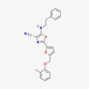 molecular formula C24H21N3O3 B2631235 2-{5-[(2-methylphenoxy)methyl]furan-2-yl}-5-[(2-phenylethyl)amino]-1,3-oxazole-4-carbonitrile CAS No. 942033-40-1