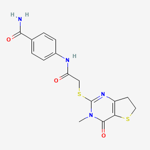 molecular formula C16H16N4O3S2 B2631236 4-[2-({3-methyl-4-oxo-3H,4H,6H,7H-thieno[3,2-d]pyrimidin-2-yl}sulfanyl)acetamido]benzamide CAS No. 893361-62-1