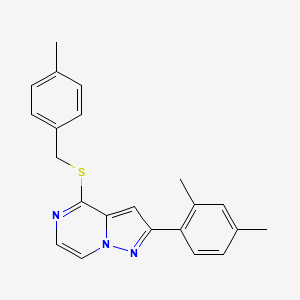 molecular formula C22H21N3S B2631268 2-(2,4-DIMETHYLPHENYL)-4-{[(4-METHYLPHENYL)METHYL]SULFANYL}PYRAZOLO[1,5-A]PYRAZINE CAS No. 1207015-02-8