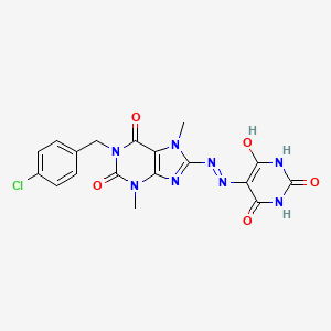 molecular formula C18H15ClN8O5 B2631285 5-(2-(1-(4-chlorobenzyl)-3,7-dimethyl-2,6-dioxo-2,3,6,7-tetrahydro-1H-purin-8-yl)hydrazono)pyrimidine-2,4,6(1H,3H,5H)-trione CAS No. 887200-55-7