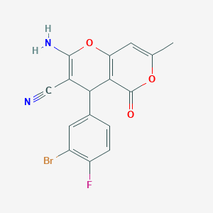 molecular formula C16H10BrFN2O3 B2631402 2-amino-4-(3-bromo-4-fluorophenyl)-7-methyl-5-oxo-4H,5H-pyrano[4,3-b]pyran-3-carbonitrile CAS No. 331951-05-4