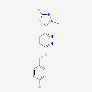 molecular formula C16H14BrN3S2 B2631420 5-(6-((4-Bromobenzyl)thio)pyridazin-3-yl)-2,4-dimethylthiazole CAS No. 896058-65-4