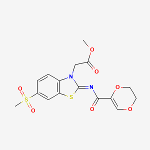 molecular formula C16H16N2O7S2 B2631430 methyl 2-[(2Z)-2-[(5,6-dihydro-1,4-dioxine-2-carbonyl)imino]-6-methanesulfonyl-2,3-dihydro-1,3-benzothiazol-3-yl]acetate CAS No. 865198-52-3