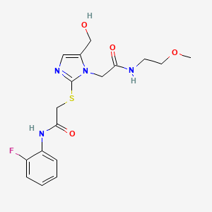 molecular formula C17H21FN4O4S B2631577 N-(2-fluorophenyl)-2-((5-(hydroxymethyl)-1-(2-((2-methoxyethyl)amino)-2-oxoethyl)-1H-imidazol-2-yl)thio)acetamide CAS No. 921844-55-5