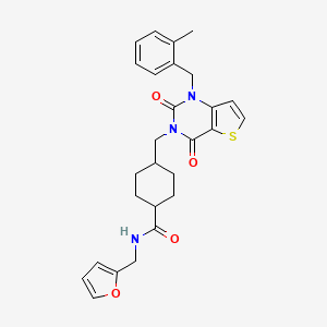 molecular formula C27H29N3O4S B2631662 N-[(furan-2-yl)methyl]-4-({1-[(2-methylphenyl)methyl]-2,4-dioxo-1H,2H,3H,4H-thieno[3,2-d]pyrimidin-3-yl}methyl)cyclohexane-1-carboxamide CAS No. 932291-06-0