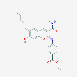 B2631795 ethyl 4-{[(2Z)-3-carbamoyl-6-hexyl-7-hydroxy-2H-chromen-2-ylidene]amino}benzoate CAS No. 330157-61-4