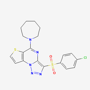 molecular formula C19H18ClN5O2S2 B2631928 7-(Azepan-1-yl)-10-(4-chlorobenzenesulfonyl)-5-thia-1,8,11,12-tetraazatricyclo[7.3.0.0^{2,6}]dodeca-2(6),3,7,9,11-pentaene CAS No. 892737-04-1