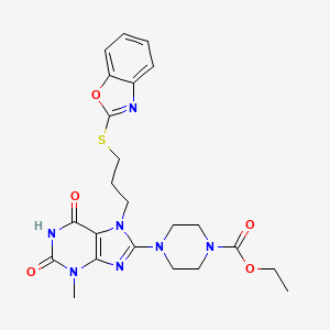 molecular formula C23H27N7O5S B2632142 ethyl 4-{7-[3-(1,3-benzoxazol-2-ylsulfanyl)propyl]-3-methyl-2,6-dioxo-2,3,6,7-tetrahydro-1H-purin-8-yl}piperazine-1-carboxylate CAS No. 672344-58-0