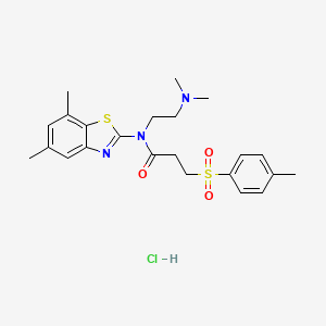 molecular formula C23H30ClN3O3S2 B2632159 N-(2-(dimethylamino)ethyl)-N-(5,7-dimethylbenzo[d]thiazol-2-yl)-3-tosylpropanamide hydrochloride CAS No. 1329466-59-2