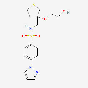 molecular formula C16H21N3O4S2 B2632195 N-((3-(2-hydroxyethoxy)tetrahydrothiophen-3-yl)methyl)-4-(1H-pyrazol-1-yl)benzenesulfonamide CAS No. 2310208-83-2