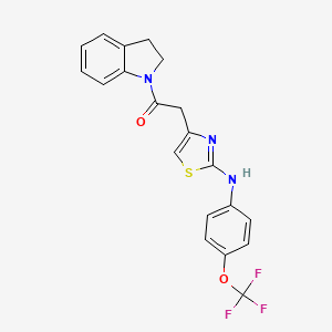 molecular formula C20H16F3N3O2S B2632229 1-(Indolin-1-yl)-2-(2-((4-(trifluoromethoxy)phenyl)amino)thiazol-4-yl)ethanone CAS No. 1171238-35-9