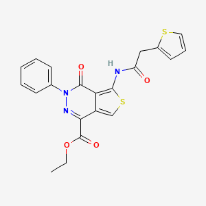 molecular formula C21H17N3O4S2 B2632235 Ethyl 4-oxo-3-phenyl-5-(2-(thiophen-2-yl)acetamido)-3,4-dihydrothieno[3,4-d]pyridazine-1-carboxylate CAS No. 851947-65-4