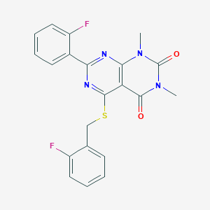 molecular formula C21H16F2N4O2S B2632450 5-((2-fluorobenzyl)thio)-7-(2-fluorophenyl)-1,3-dimethylpyrimido[4,5-d]pyrimidine-2,4(1H,3H)-dione CAS No. 893915-69-0