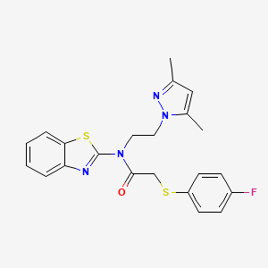 molecular formula C22H21FN4OS2 B2632490 N-(1,3-benzothiazol-2-yl)-N-[2-(3,5-dimethyl-1H-pyrazol-1-yl)ethyl]-2-[(4-fluorophenyl)sulfanyl]acetamide CAS No. 1171879-49-4