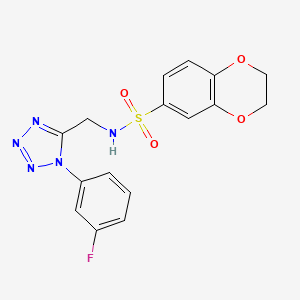 molecular formula C16H14FN5O4S B2632504 N-((1-(3-fluorophenyl)-1H-tetrazol-5-yl)methyl)-2,3-dihydrobenzo[b][1,4]dioxine-6-sulfonamide CAS No. 920466-88-2