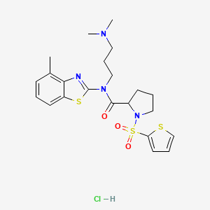 molecular formula C22H29ClN4O3S3 B2632537 N-(3-(dimethylamino)propyl)-N-(4-methylbenzo[d]thiazol-2-yl)-1-(thiophen-2-ylsulfonyl)pyrrolidine-2-carboxamide hydrochloride CAS No. 1323113-94-5
