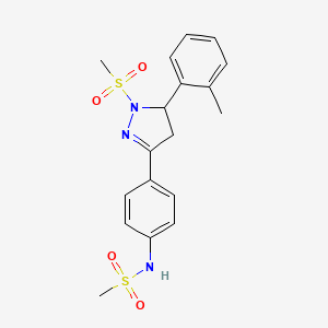 molecular formula C18H21N3O4S2 B2632650 N-{4-[1-methanesulfonyl-5-(2-methylphenyl)-4,5-dihydro-1H-pyrazol-3-yl]phenyl}methanesulfonamide CAS No. 851781-18-5