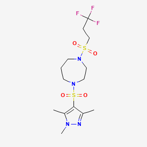 molecular formula C14H23F3N4O4S2 B2632676 1-((3,3,3-trifluoropropyl)sulfonyl)-4-((1,3,5-trimethyl-1H-pyrazol-4-yl)sulfonyl)-1,4-diazepane CAS No. 1904115-48-5
