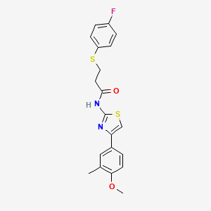 molecular formula C20H19FN2O2S2 B2632716 3-((4-fluorophenyl)thio)-N-(4-(4-methoxy-3-methylphenyl)thiazol-2-yl)propanamide CAS No. 896352-57-1
