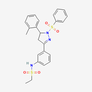 molecular formula C24H25N3O4S2 B2632729 N-{3-[1-(benzenesulfonyl)-5-(2-methylphenyl)-4,5-dihydro-1H-pyrazol-3-yl]phenyl}ethane-1-sulfonamide CAS No. 714263-25-9